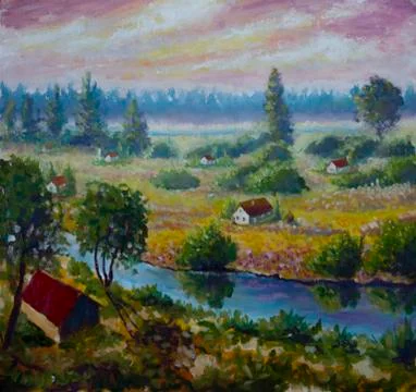 Evening on the river in the village Illustrazione stock