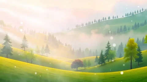 Evening rolling hills : Trees surrounding evening landscape. Stock Footage 308846799