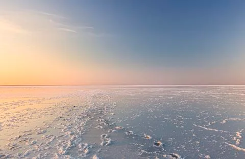 Evening, on the salt lake drone view Stock Photos