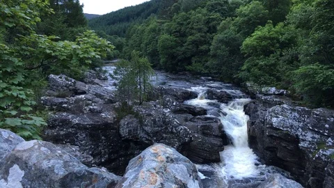 Evening scene of falls on the River Moriston, Highlands of Scotland Stock Footage 77192350