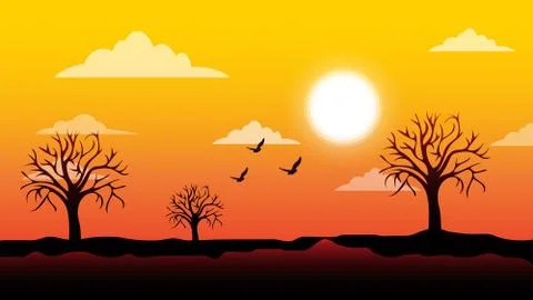 Evening Scene in Forest Landscape Stock Illustration