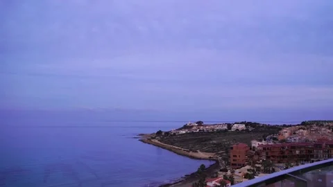 Evening Sea View from Balcony with Distant Houses on Horizon Stock Footage 308629367