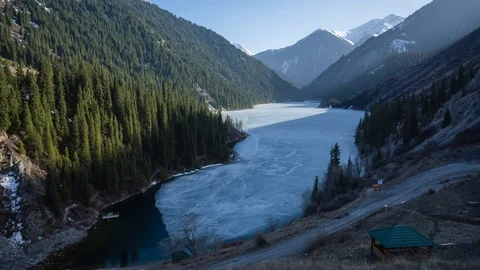 Evening shadow light over the Kolsay lake in Kazakhstan Stock-Footage 88427033