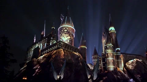 Evening show at the Hogwarts castle of Universal Studios Hollywood. LA Stock Footage 149471208