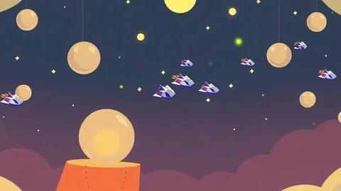 Evening Sky with Planets: Animated Scene Featuring Spaceships and Moon, Planets Stock Footage 307473091