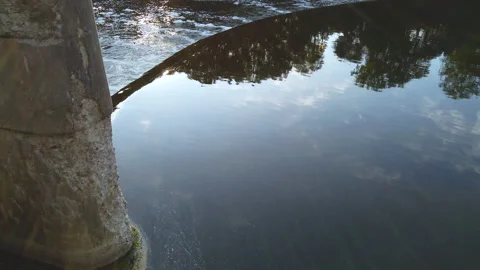 Evening Sky Reflecting In The Calm River Water Before Flowing Over Stone Dam Stock Footage 200598386