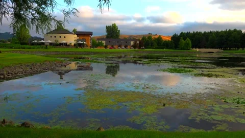 Evening sky, trees and mountains are reflected in the lake Stock Footage 131773772