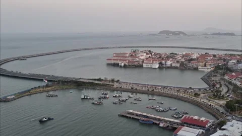 Evening skyline view over Panama City and the old town coastline Stock Footage 343792043