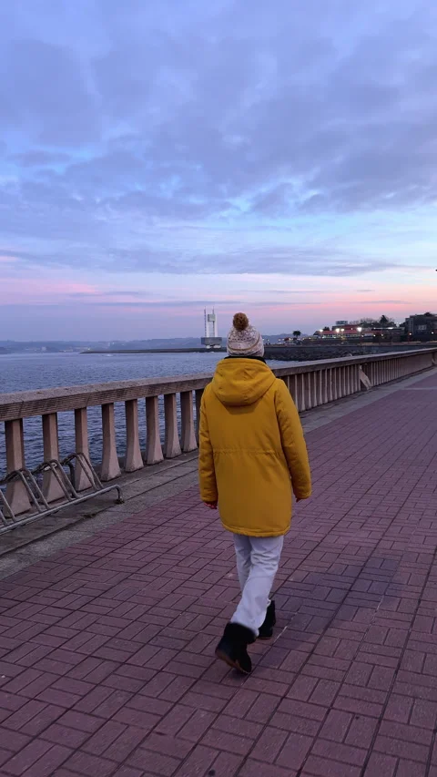 Evening Solitude: A Serene Walk by the Sea at Sunset Stock Footage 263635053