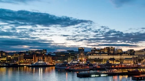 Evening Streets of Oslo Aker Brygge with Blurred Movement Stock Footage 309565077