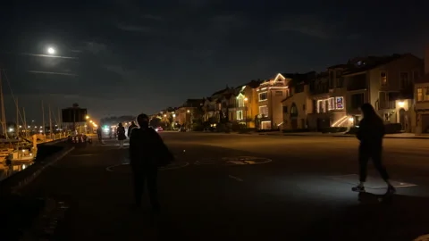Evening Stroll Late Night Full Moon Cars People Walking Silohuette 2020 Stock Footage 144573071