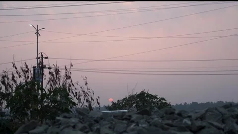 Evening Sun Going Down Behind Hills Scenic View Stock-Footage 332107700