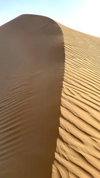 Evening sun illuminates one side of towering sand dune while other side remains Stock Photos