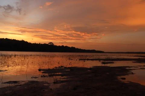 The evening sunlight is reflected in the river below. Stock Photos