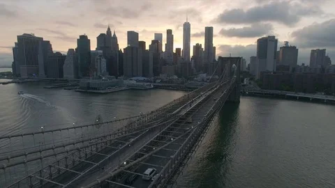 Evening sunset aerial view of Brooklyn bridge Stock Footage 76916784