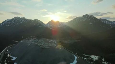 Evening sunset behind the mountains, Drone View Stock Footage 289486103