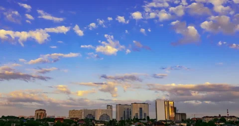Evening sunset with clouds over city area with high-rise buildings Stock Footage 198546454