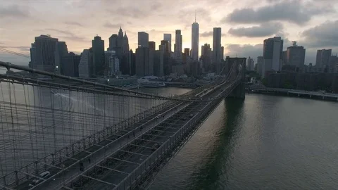 Evening sunset drone view of Brooklyn bridge Stock Footage 76916891