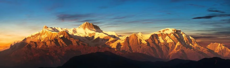 Evening sunset mount Annapurna range Himalaya mountain Stock Photos