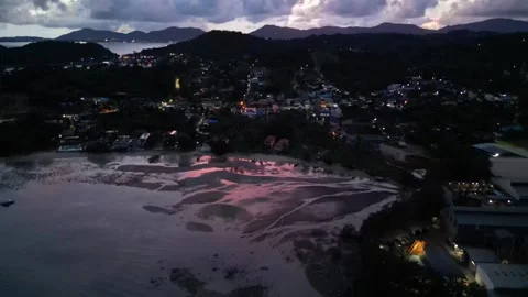 Evening sunset overlooking the mountains and the sea bay. Drone video Video stock 297544661