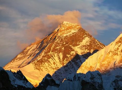 Evening sunset panoramic view of mount Everest Stock Photos