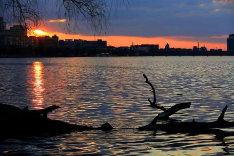 Evening sunset scene on Dnipro river Stock Photos