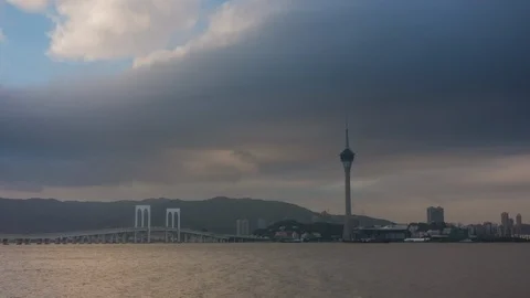 Evening sunset sky macau cityscape bay panorama 4k time lapse china Stock Footage 89886643