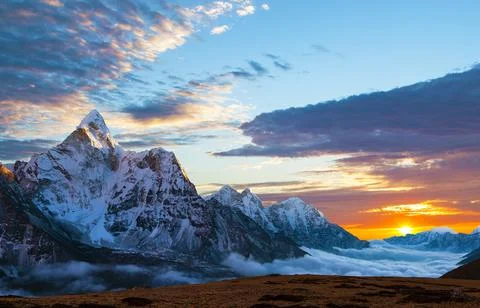 Evening sunset view of mount Ama Dablam 库存照片