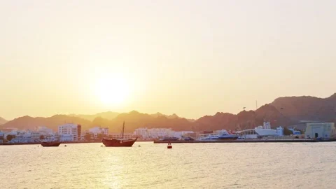 Evening sunset view in Muscat corniche with sea and mountain in background. Stock Footage 159369573