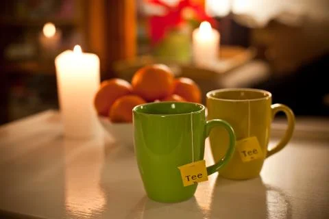 Evening tea mugs on the table Foto stock