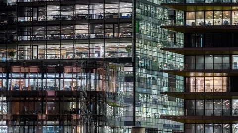 Evening time Close up View Office Windows Business Center London City UK Time Stock Footage 106449526