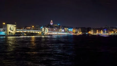 Evening time with Galata Bridge and Galata Tower near Halic. Stock Footage 131326786