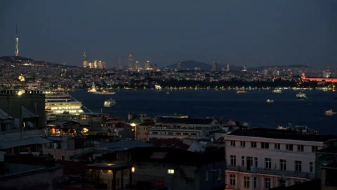 Evening time lapse of the Bosphorus Strait with a sailing tanker and passing Stock Footage 280192839