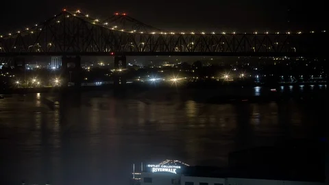 Evening Time Lapse Crescent Bridge, Mississippi River, DT NOLA from Riverwalk Stock Footage 87238047