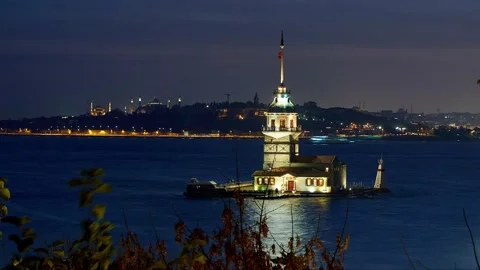 Evening time lapse with Maiden Tower and Bosphorus, Istanbul Stock Footage 131367385