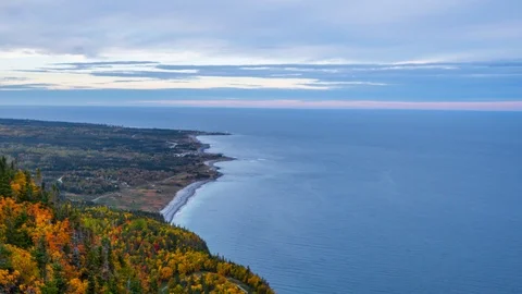 Evening time-lapse overlooking the renowned Forillon National Park during autumn Stock Footage 96475840