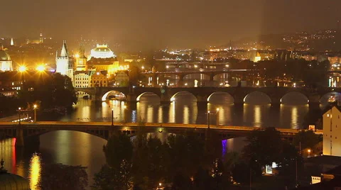 Evening time lapse of Prague, Czech city bridges tourist place Stock Footage 43725520