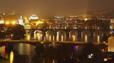 Evening time lapse of Prague, Czech city bridges tourist place, click for HD Stock Footage 43842690