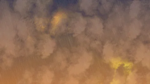 Evening time, orange sky, clouds and rain with thunderstorm. Realistic weathe Stock Footage 130055869