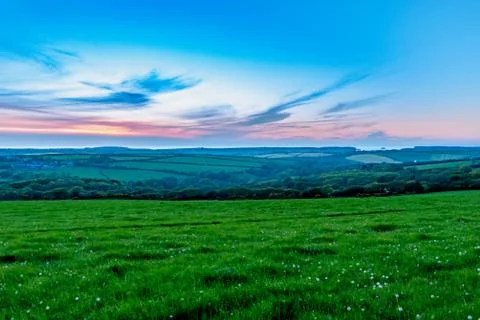 Evening time over fields of grasss and trees in Cornwall Foto stock