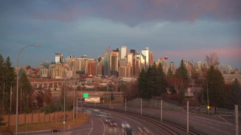 Evening timelapse of calgary downtown cityscape with a busy highway and tra.. Stock Footage 334993963