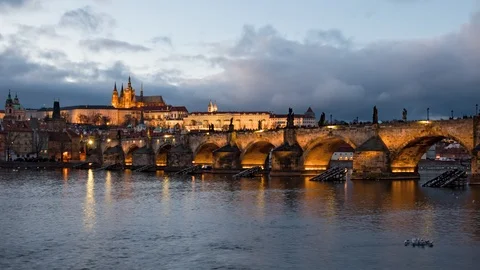 Evening timelapse of Charles Bridge, Prague Stock Footage 100447230