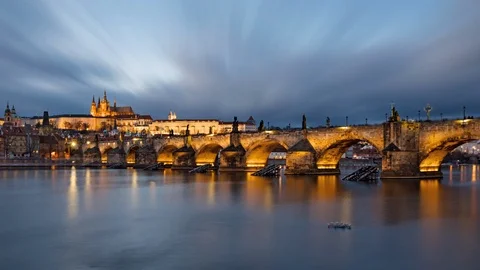 Evening timelapse of Charles Bridge, Prague Stock Footage 120255652