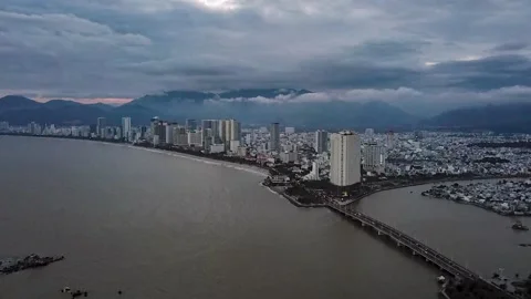 Evening timelapse with a drone overlooking the city center Nhatrang Video stock 231605281