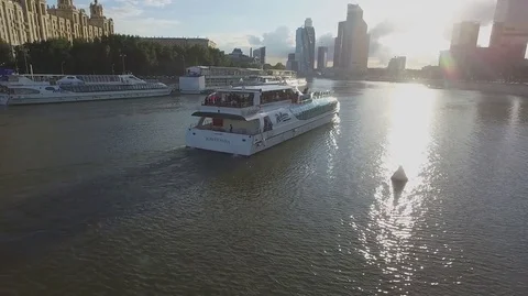Evening tour of Moscow by boat. Evening landscapes of the sunset and the river Stock Footage
