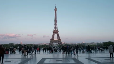 Evening Tracking Right Distant Eiffel Tower Trocadero Platform View Paris Stock Footage 93722952