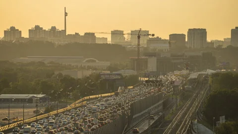 Evening traffic jam on the third transport ring in Moscow Stock Footage 164585012
