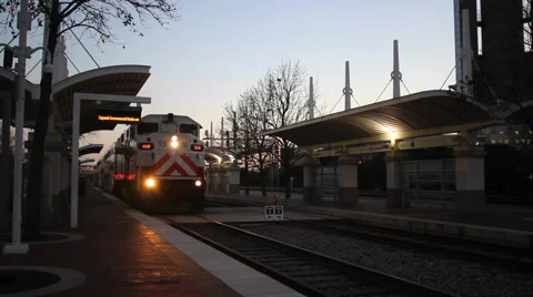 Evening Trinity Railway Express train leaving station Video stock 46901424