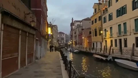 Evening Venice Canal Walking Blue Hour Scene Stock Footage 334494051