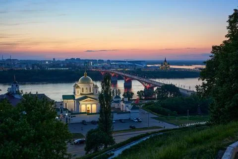 Evening view of Annunciation Monastery, Kanavinsky Bridge and Alexander Nev.. Stock Photos